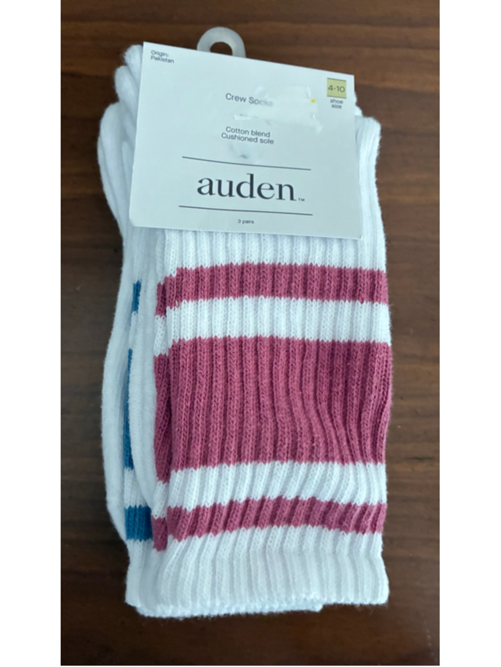 Women's Auden Crew Socks 3-Pair Set White with Multi-color Stripes One Size